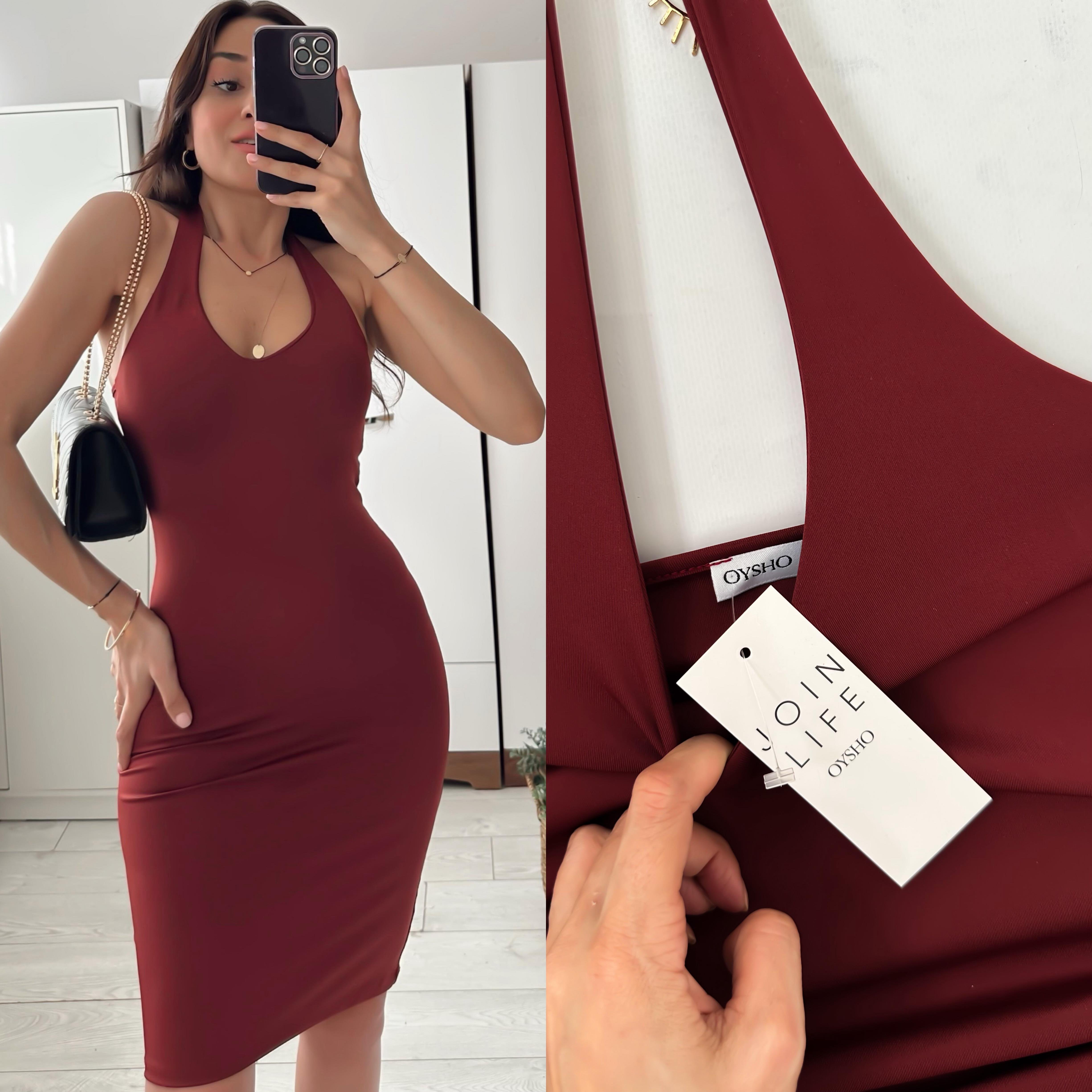 OYSH ÇİFT KAT SANDY TOPARLAYICI BOYUNDAN GEÇMELİ ELBİSE BORDO