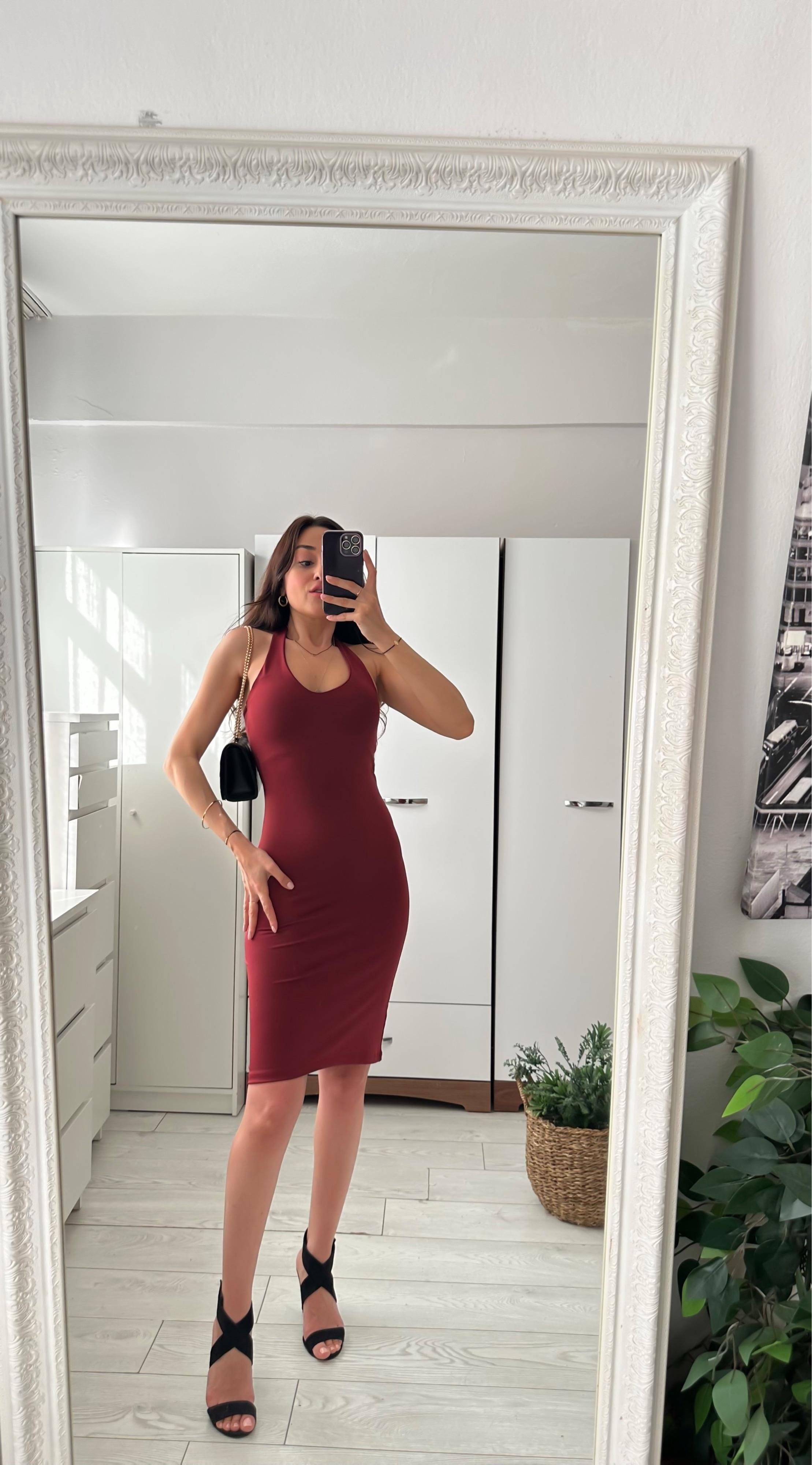 OYSH ÇİFT KAT SANDY TOPARLAYICI BOYUNDAN GEÇMELİ ELBİSE BORDO