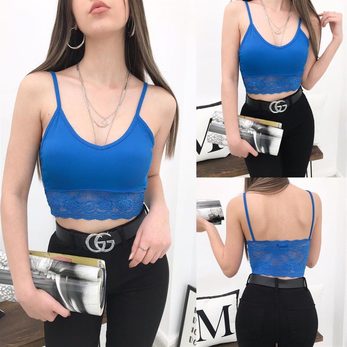 ROSY DANTELLİ CROP ATLET MAVİ