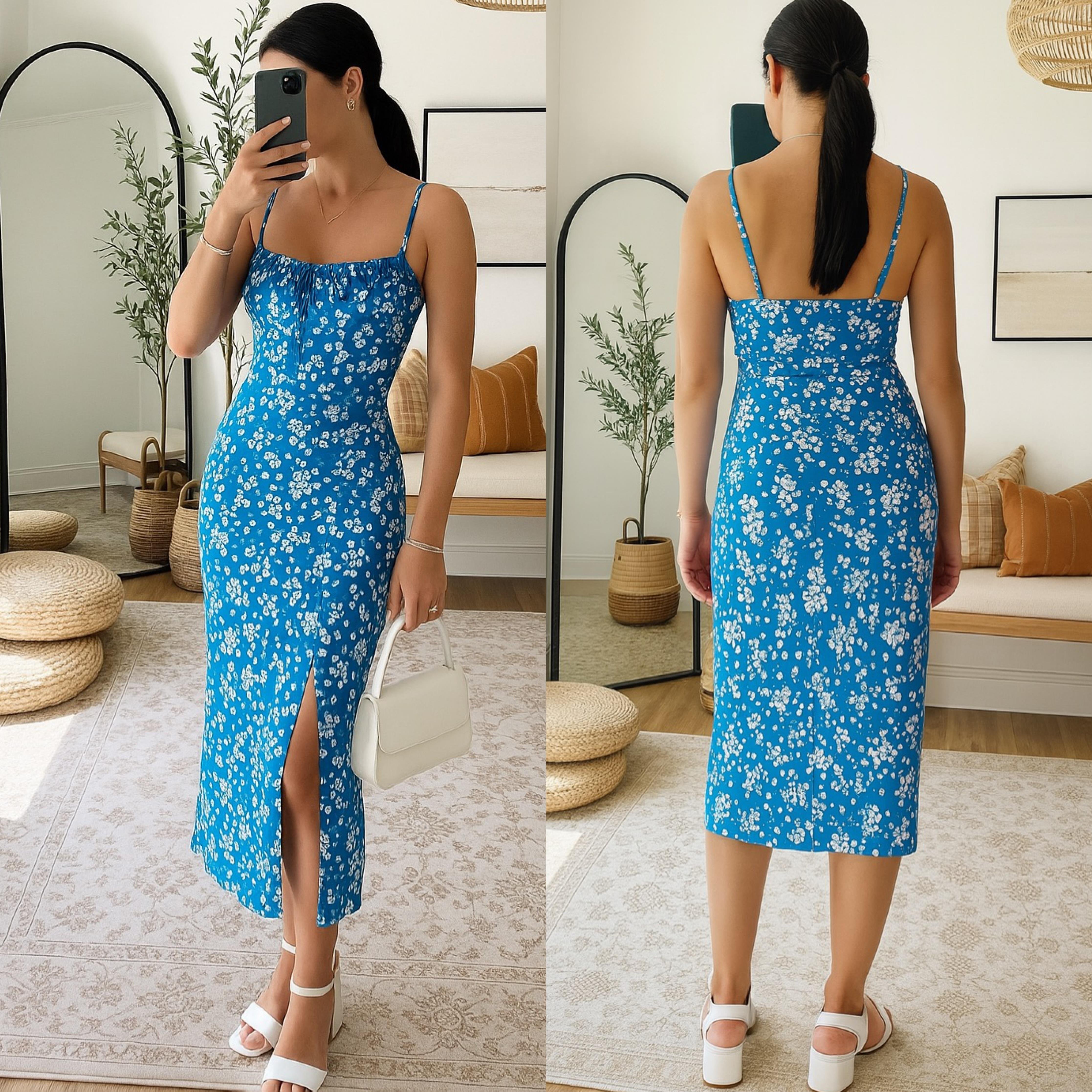 SANDRA YIRTMAÇLI MIDI ELBİSE MAVİ ÇİÇEKLİ 