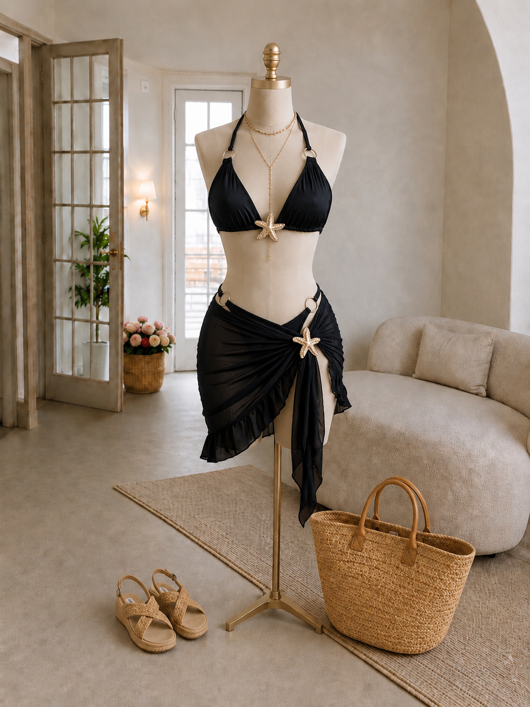 STARS PEDLİ AKSESUARLI BİKİNİ PAREO 3'LÜ SET
