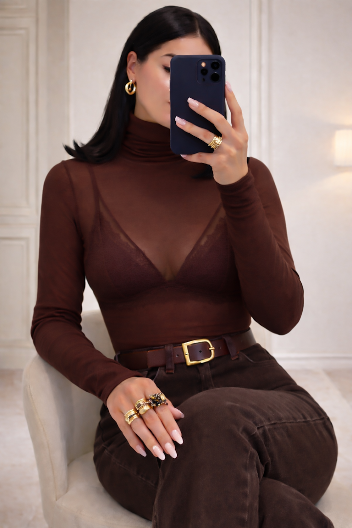 TFNY TRANSPARAN YUMUŞAK DOKULU BLUZ KAHVE