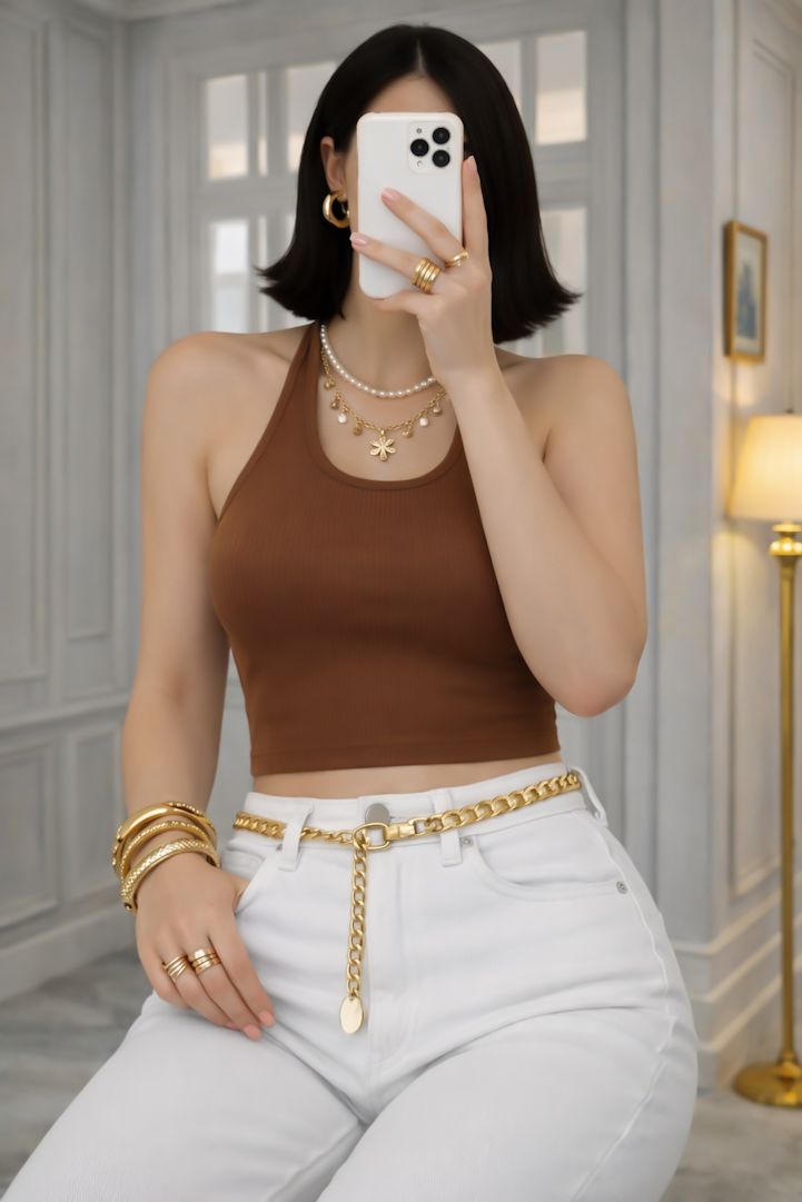 TOPSHP FİTİLLİ HALTER YAKA CROP BLUZ