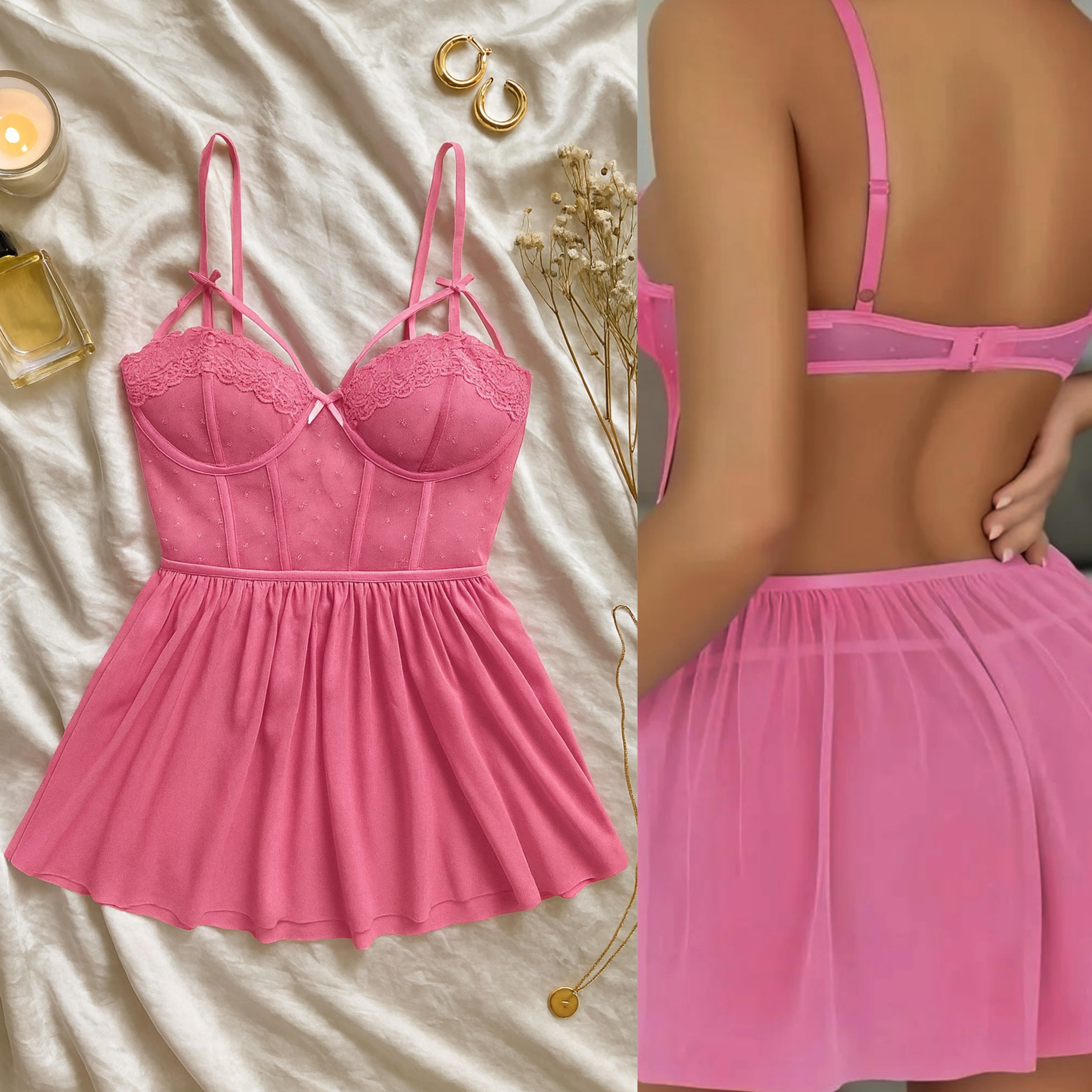 VS TÜL PUANTİYELİ BABYDOLL GECELİK PEMBE(STRING HEDİYELİ)