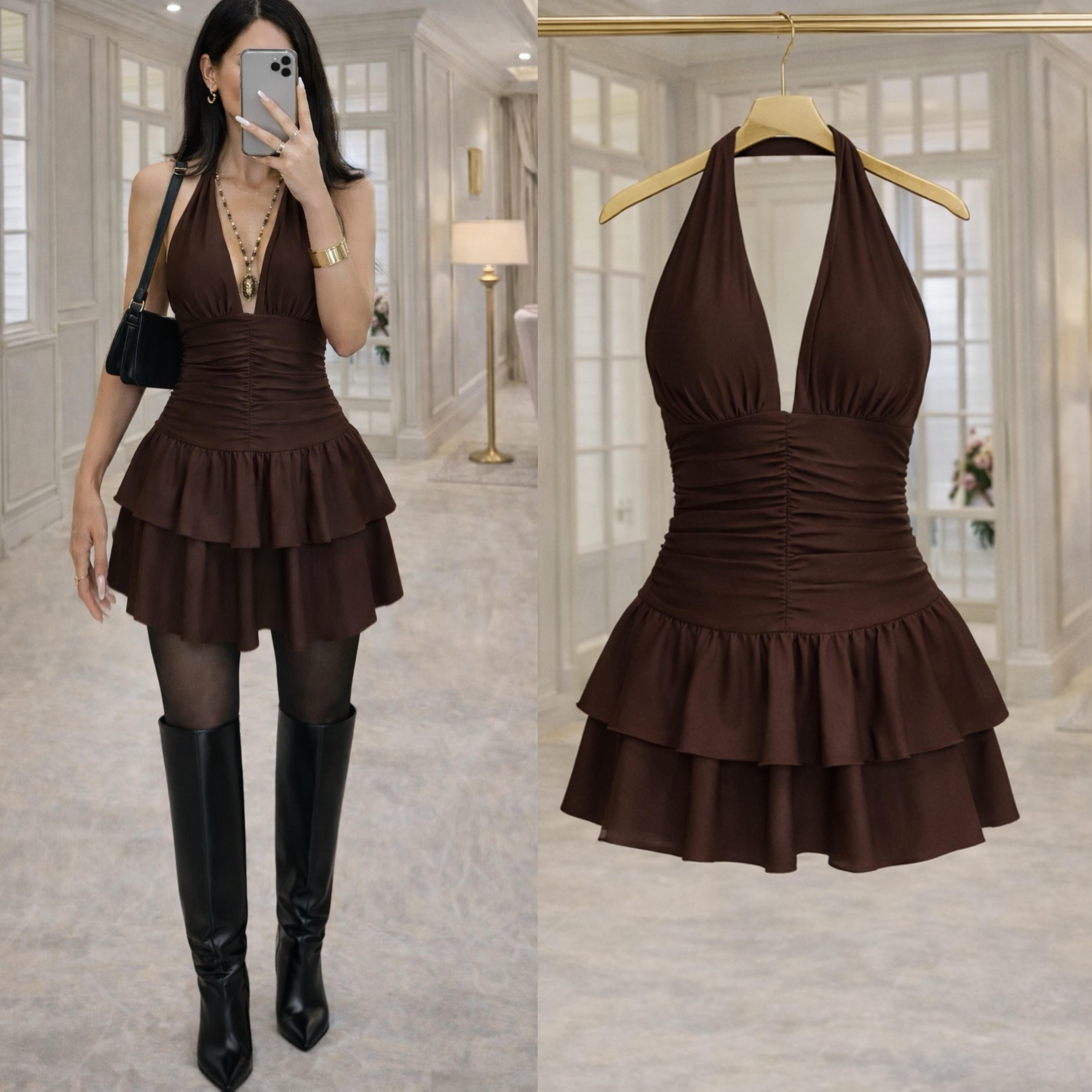 WONE KAT KAT MİNİ ELBİSE KAHVE