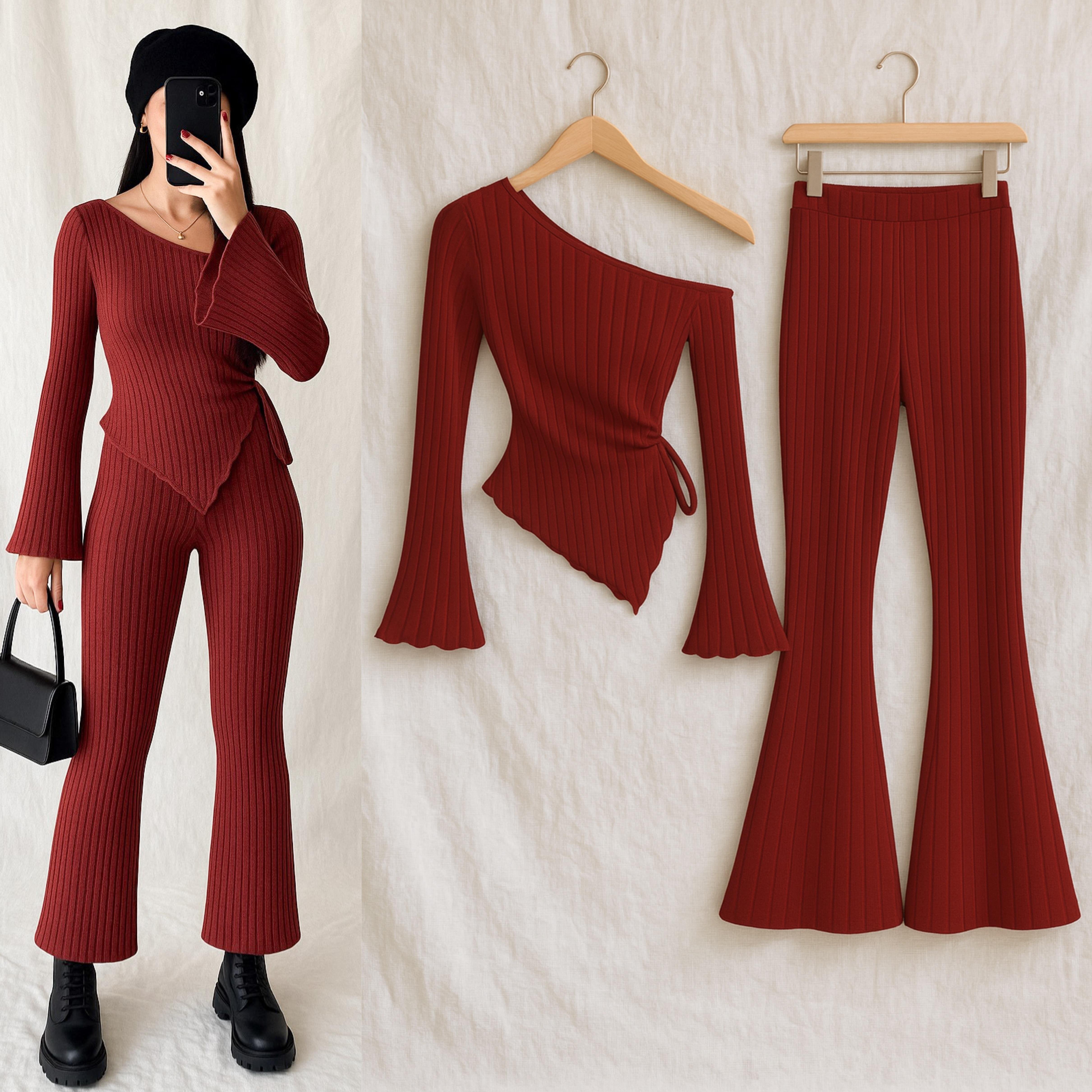 ZRA YUMOŞ TRİKO ASİMETRİK BLUZ PANTOLON TAKIM BORDO