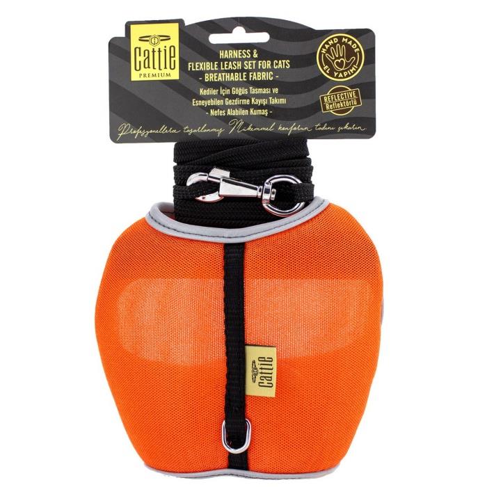 Cattie Havalı Dokumadan El Yapımı Kedi Göğüs & Gezdirme Takımı 1x25-35cm - Orange