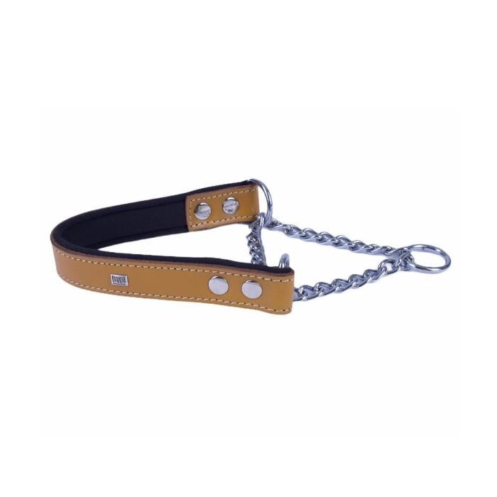 Doggie Konforlu Gerçek Deriden El Yapımı Boğma Zincirli Köpek Boyun Tasması - 2,5x40-50cm - Camel