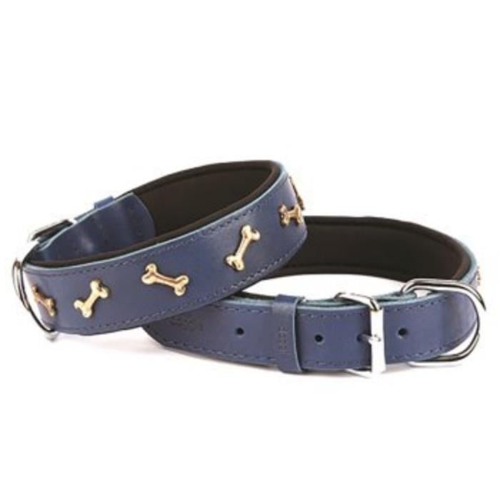 Doggie Konforlu Gerçek Deriden El Yapımı Kemik Süslü Köpek Boyun Tasması 4x52-60cm - Royal Blue