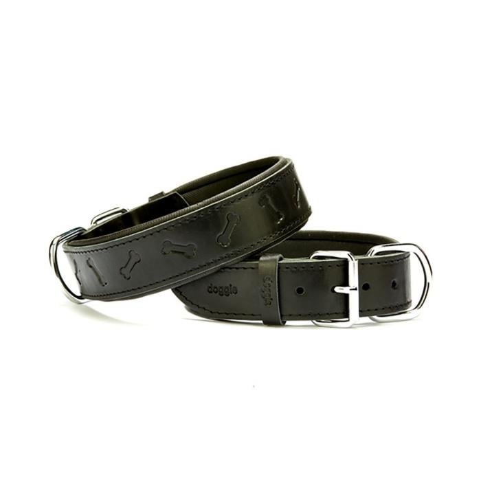 Doggie Konforlu Gerçek Deriden El Yapımı Kemik Desenli Köpek Boyun Tasması 4x47-55cm - Black