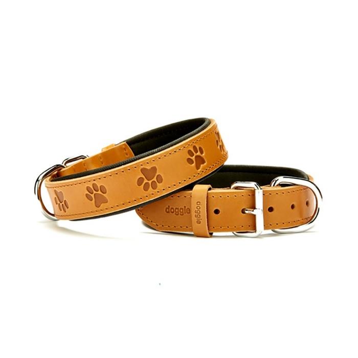 Doggie Konforlu Gerçek Deriden El Yapımı Pati Desenli Köpek Boyun Tasması 3,5x47-55cm - Camel