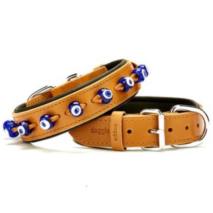 Doggie Konforlu Gerçek Deriden El Yapımı Nazar Boncuklu Köpek Boyun Tasması 3,5x52-60cm - Camel