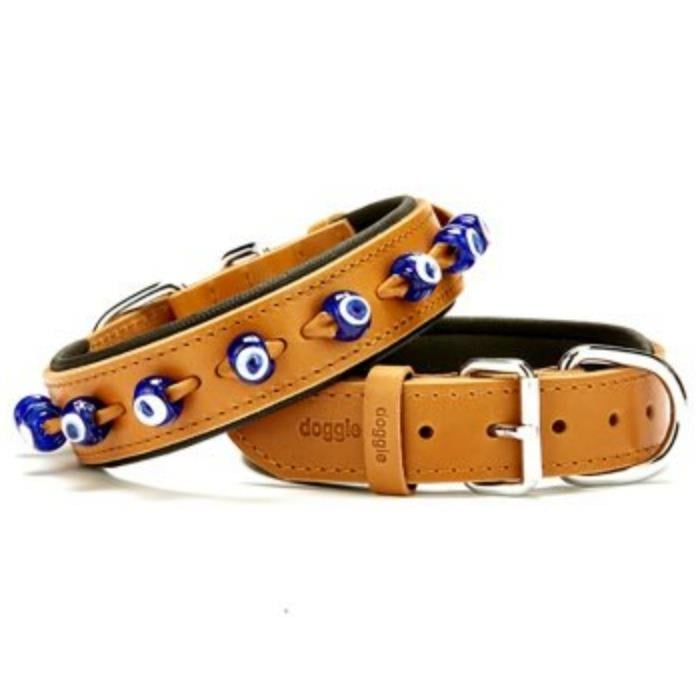 Doggie Konforlu Gerçek Deriden El Yapımı Nazar Boncuklu Köpek Boyun Tasması 3,5x47-55cm - Camel