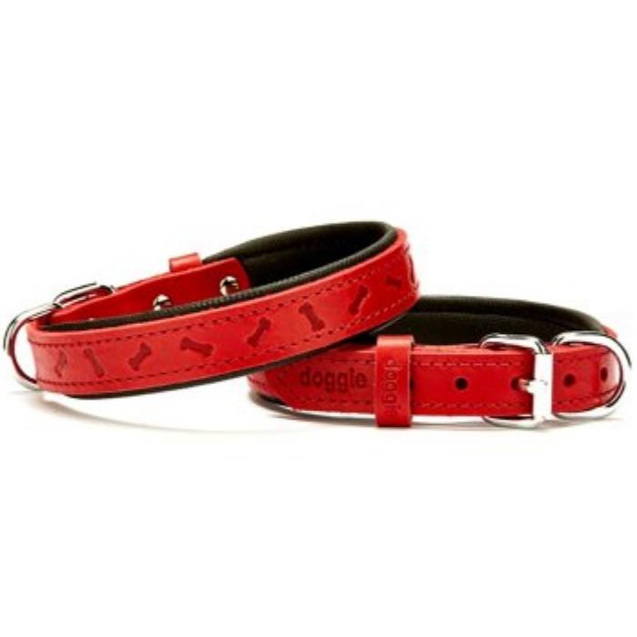 Doggie Konforlu Gerçek Deriden El Yapımı Kemik Desenli Köpek Boyun Tasması 2x30-35cm - Red