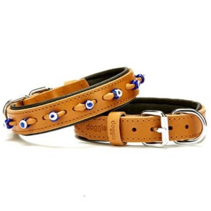 Doggie Konforlu Gerçek Deriden El Yapımı Nazar Boncuklu Köpek Boyun Tasması 2,5x37-45cm - Camel