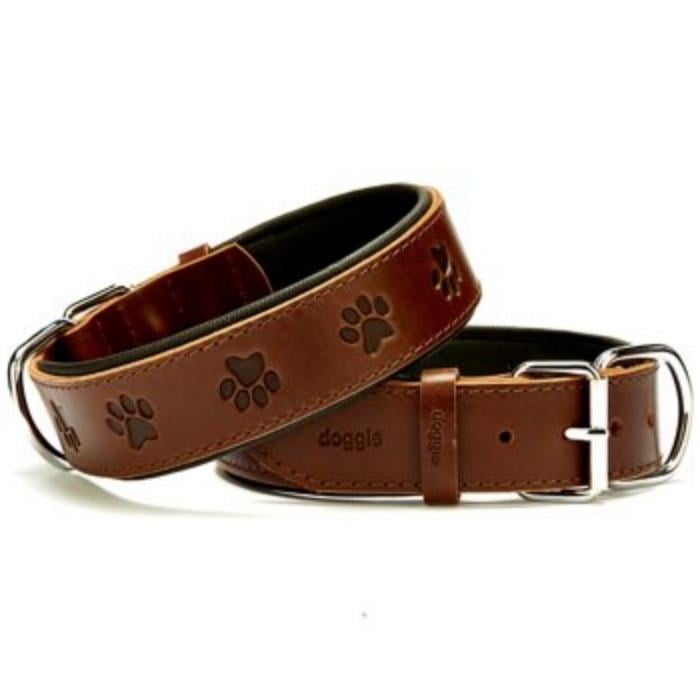 Doggie Konforlu Gerçek Deriden El Yapımı Pati Desenli Köpek Boyun Tasması 4x52-60cm - Brown