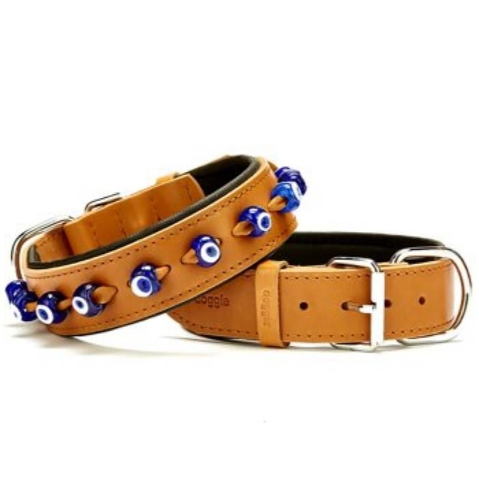 Doggie Konforlu Gerçek Deriden El Yapımı Nazar Boncuklu Köpek Boyun Tasması 4x47-55cm - Camel
