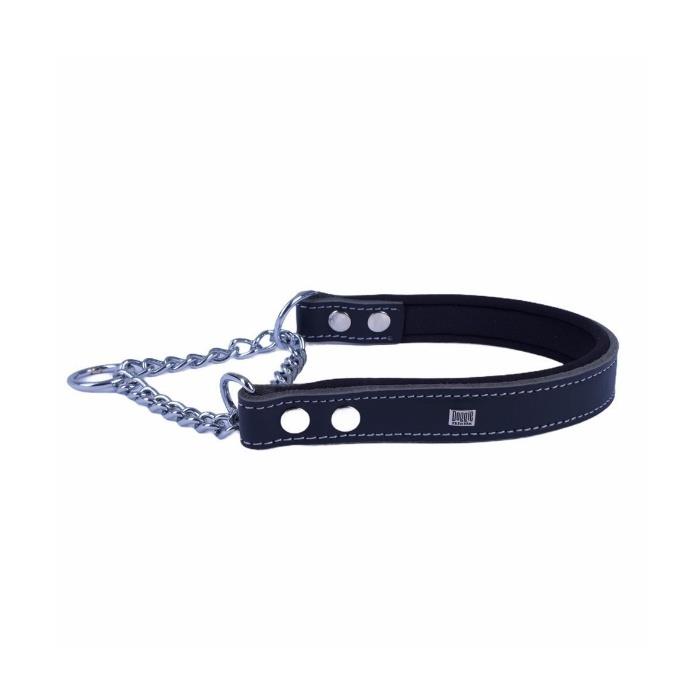 Doggie Konforlu Gerçek Deriden El Yapımı Boğma Zincirli Köpek Boyun Tasması - 2,5x45-55cm - Black