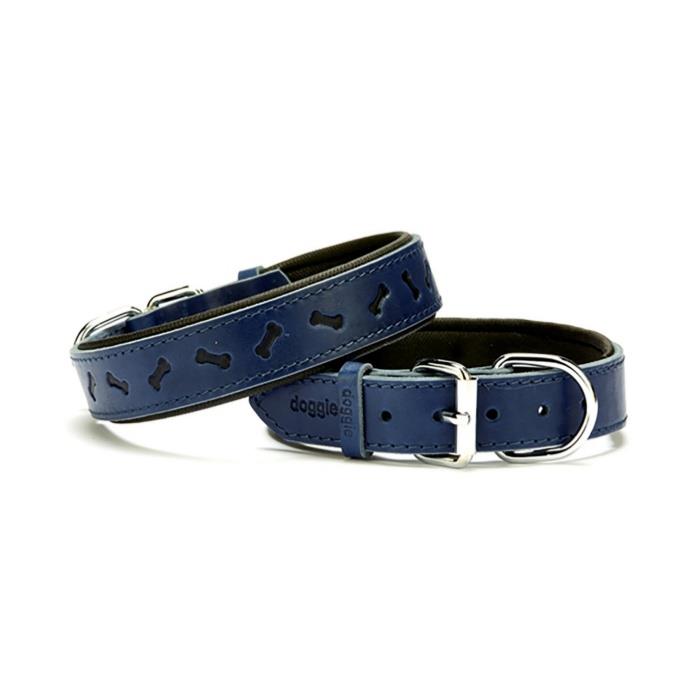 Doggie Konforlu Gerçek Deriden El Yapımı Kemik Desenli Köpek Boyun Tasması 3x42-50cm - Royal Blue