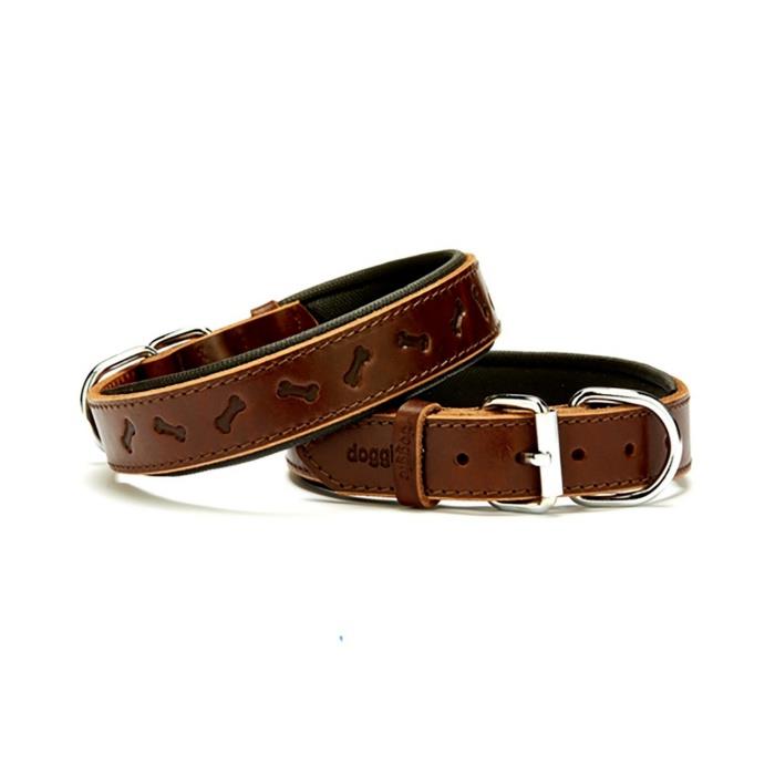Doggie Konforlu Gerçek Deriden El Yapımı Kemik Desenli Köpek Boyun Tasması 3x42-50cm - Brown