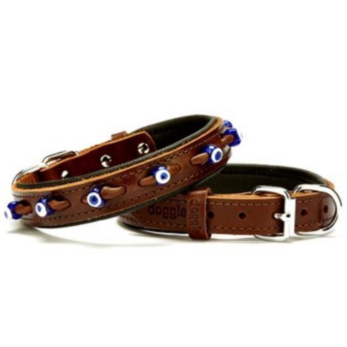 Doggie Konforlu Gerçek Deriden El Yapımı Nazar Boncuklu Köpek Boyun Tasması 2x35-40cm - Brown