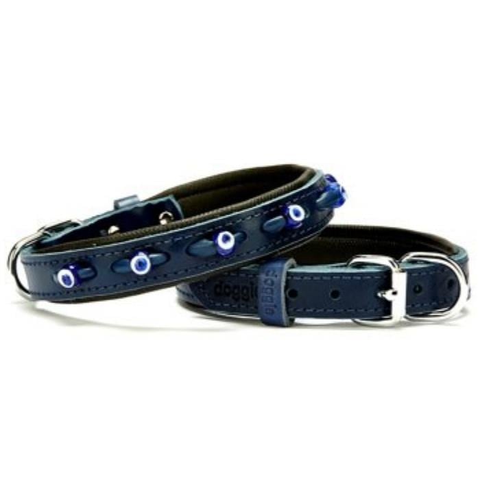 Doggie Konforlu Gerçek Deriden El Yapımı Nazar Boncuklu Köpek Boyun Tasması 2x30-35cm - Royal Blue