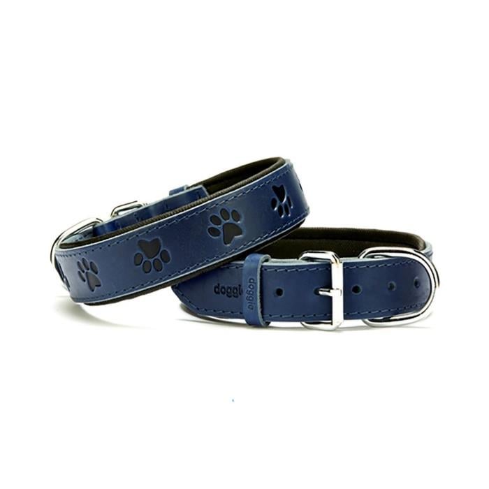 Doggie Konforlu Gerçek Deriden El Yapımı Pati Desenli Köpek Boyun Tasması 3,5x47-55cm - Royal Blue