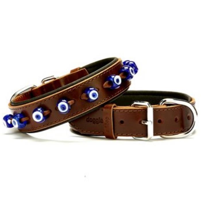 Doggie Konforlu Gerçek Deriden El Yapımı Nazar Boncuklu Köpek Boyun Tasması 3,5x52-60cm - Brown