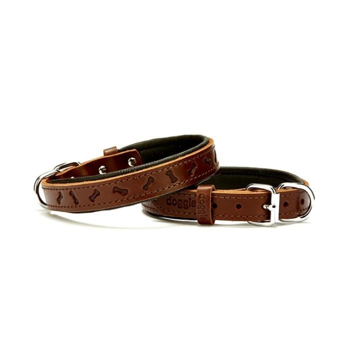 Doggie Konforlu Gerçek Deriden El Yapımı Kemik Desenli Köpek Boyun Tasması 2x30-35cm - Brown