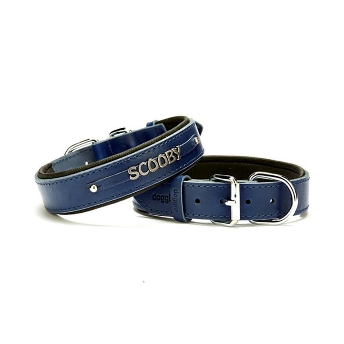 Doggie Konforlu Gerçek Deriden El Yapımı İsimlikli Köpek Boyun Tasması 3x42-50cm - Royal Blue