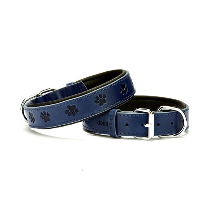 Doggie Konforlu Gerçek Deriden El Yapımı Pati Desenli Köpek Boyun Tasması 3x42-50cm - Royal Blue