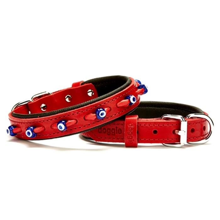Doggie Konforlu Gerçek Deriden El Yapımı Nazar Boncuklu Köpek Boyun Tasması 2x35-40cm - Red