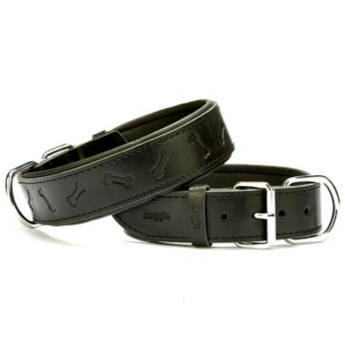 Doggie Konforlu Gerçek Deriden El Yapımı Kemik Desenli Köpek Boyun Tasması 4x52-60cm - Black