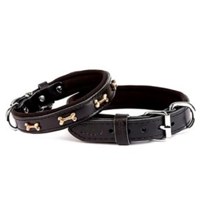 Doggie Konforlu Gerçek Deriden El Yapımı Kemik Süslü Köpek Boyun Tasması 2x35-40cm - Black