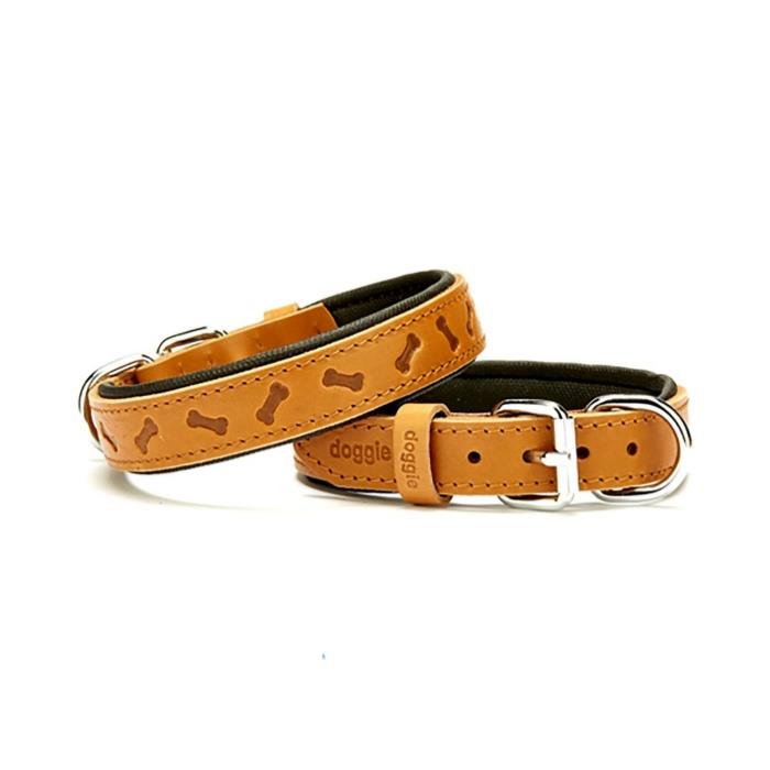 Doggie Konforlu Gerçek Deriden El Yapımı Kemik Desenli Köpek Boyun Tasması 2,5x37-45cm - Camel