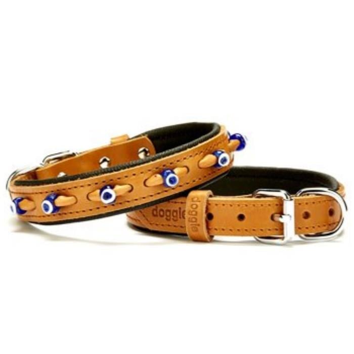 Doggie Konforlu Gerçek Deriden El Yapımı Nazar Boncuklu Köpek Boyun Tasması 2x30-35cm - Camel