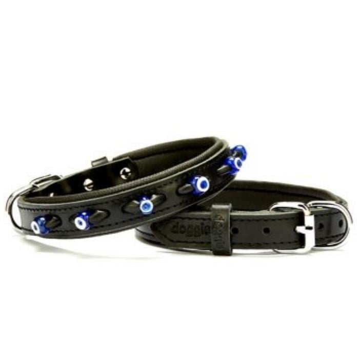 Doggie Konforlu Gerçek Deriden El Yapımı Nazar Boncuklu Köpek Boyun Tasması 2x35-40cm - Black