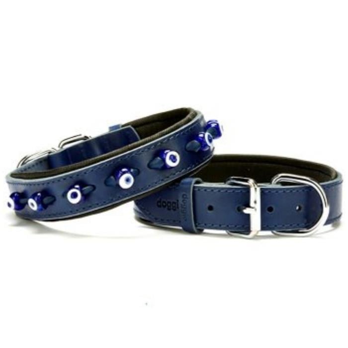 Doggie Konforlu Gerçek Deriden El Yapımı Nazar Boncuklu Köpek Boyun Tasması 3x42-50cm - Royal Blue