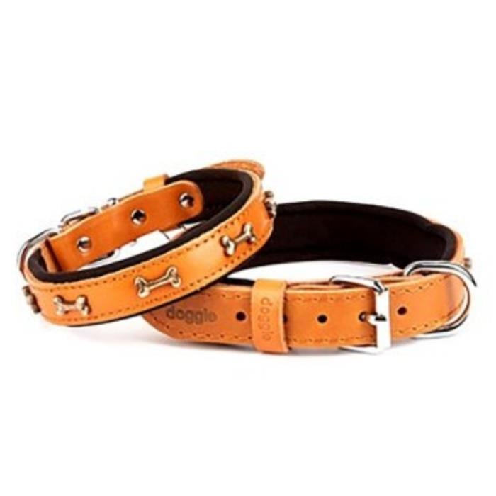 Doggie Konforlu Gerçek Deriden El Yapımı Kemik Süslü Köpek Boyun Tasması 2x35-40cm - Camel