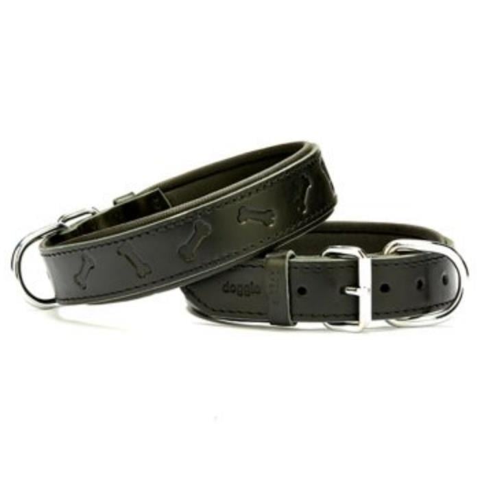 Doggie Konforlu Gerçek Deriden El Yapımı Kemik Desenli Köpek Boyun Tasması 3,5x52-60cm - Black