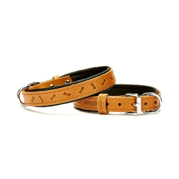 Doggie Konforlu Gerçek Deriden El Yapımı Kemik Desenli Köpek Boyun Tasması 2x35-40cm - Camel