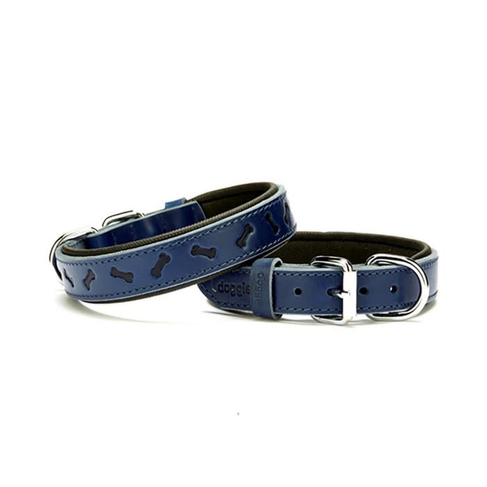 Doggie Konforlu Gerçek Deriden El Yapımı Kemik Desenli Köpek Boyun Tasması 2,5x37-45cm - Royal Blue