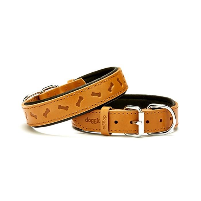 Doggie Konforlu Gerçek Deriden El Yapımı Kemik Desenli Köpek Boyun Tasması 3x42-50cm - Camel