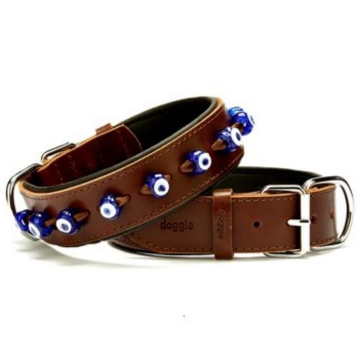 Doggie Konforlu Gerçek Deriden El Yapımı Nazar Boncuklu Köpek Boyun Tasması 4x47-55cm - Brown