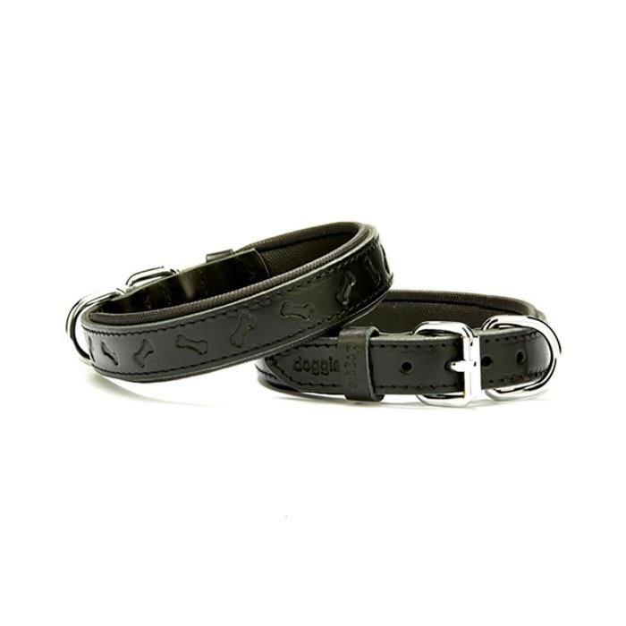 Doggie Konforlu Gerçek Deriden El Yapımı Kemik Desenli Köpek Boyun Tasması 2,5x37-45cm - Black