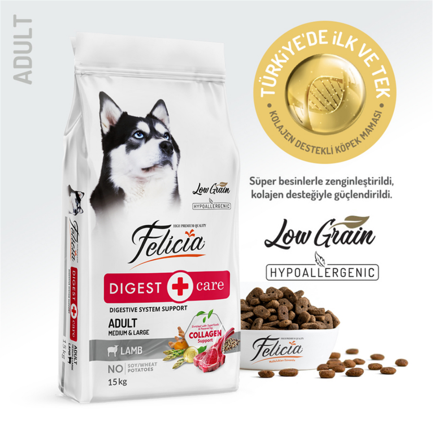 Felicia Az Tahıllı 15 Kg Yetişkin Kuzulu M/Large Breed HypoAllergenic Köpek Maması