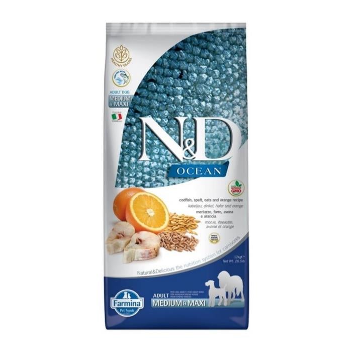 N&D Ocean Düşük Tahıllı Morina Balıklı ve Portakallı 12 Kg Medium Maxi Yetişkin Kuru Köpek Maması