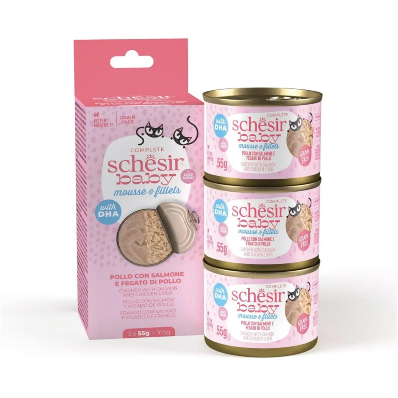 Schesir Baby Tavuk ile Somon Mus ve Fileto Yavru Kedi Konservesi 3x55g