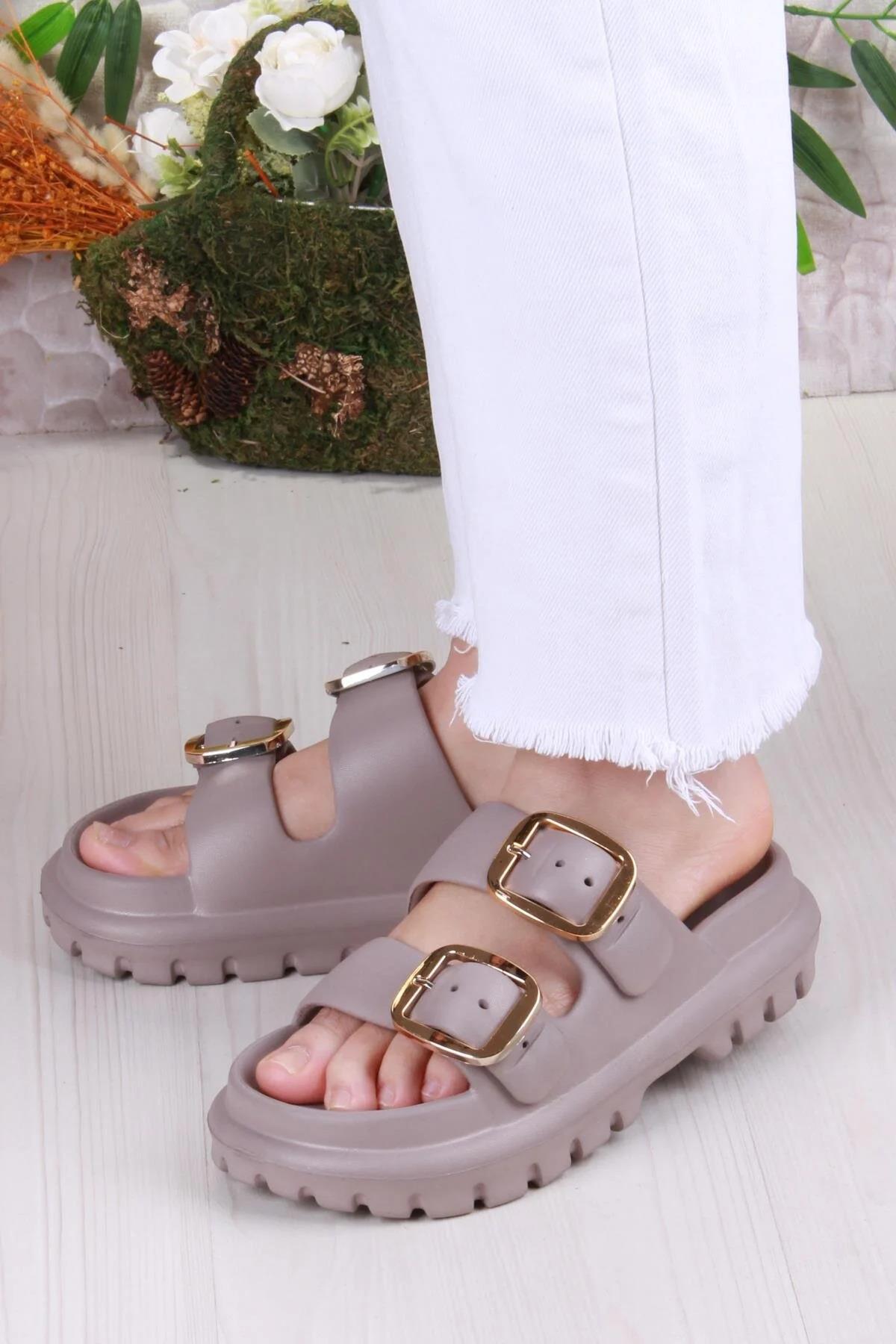 Çift Tokalı Kadın Eva Vizon Kalın Taban Terlik 