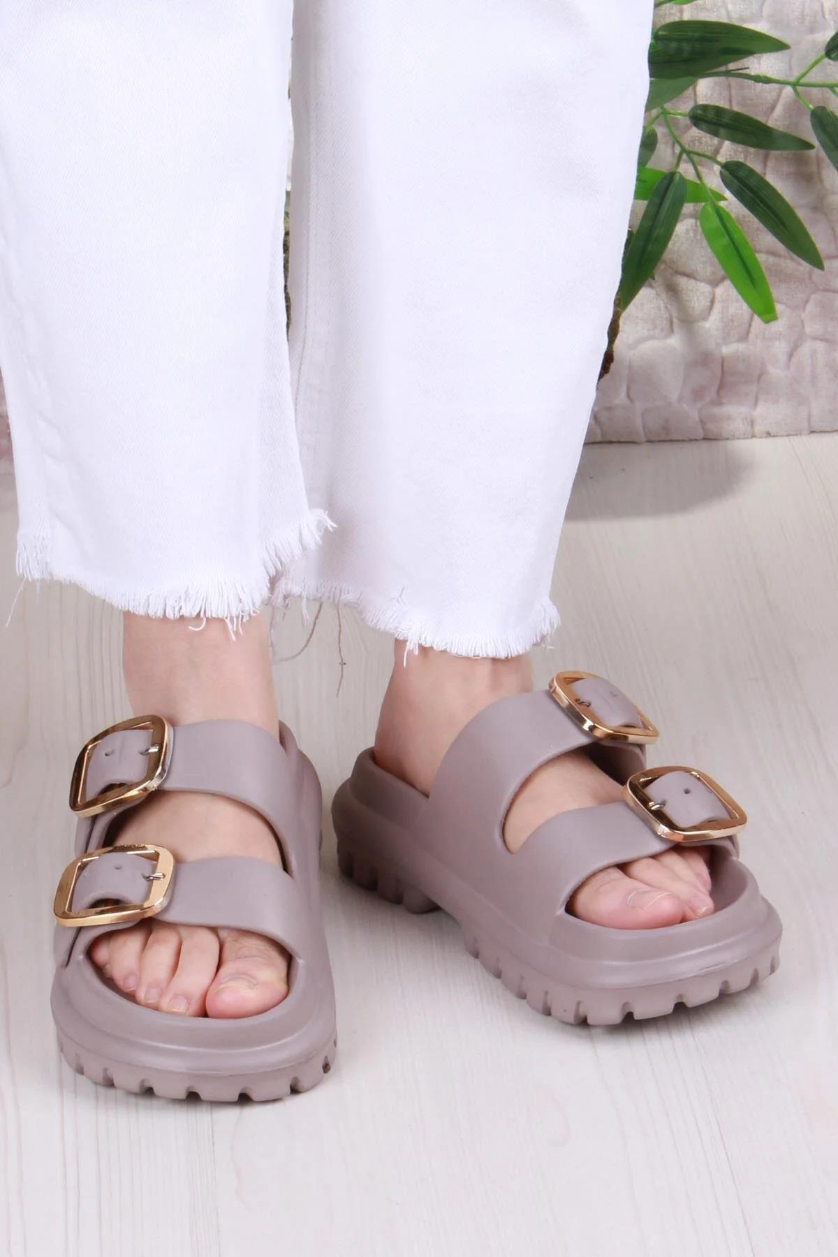 Çift Tokalı Kadın Eva Vizon Kalın Taban Terlik 